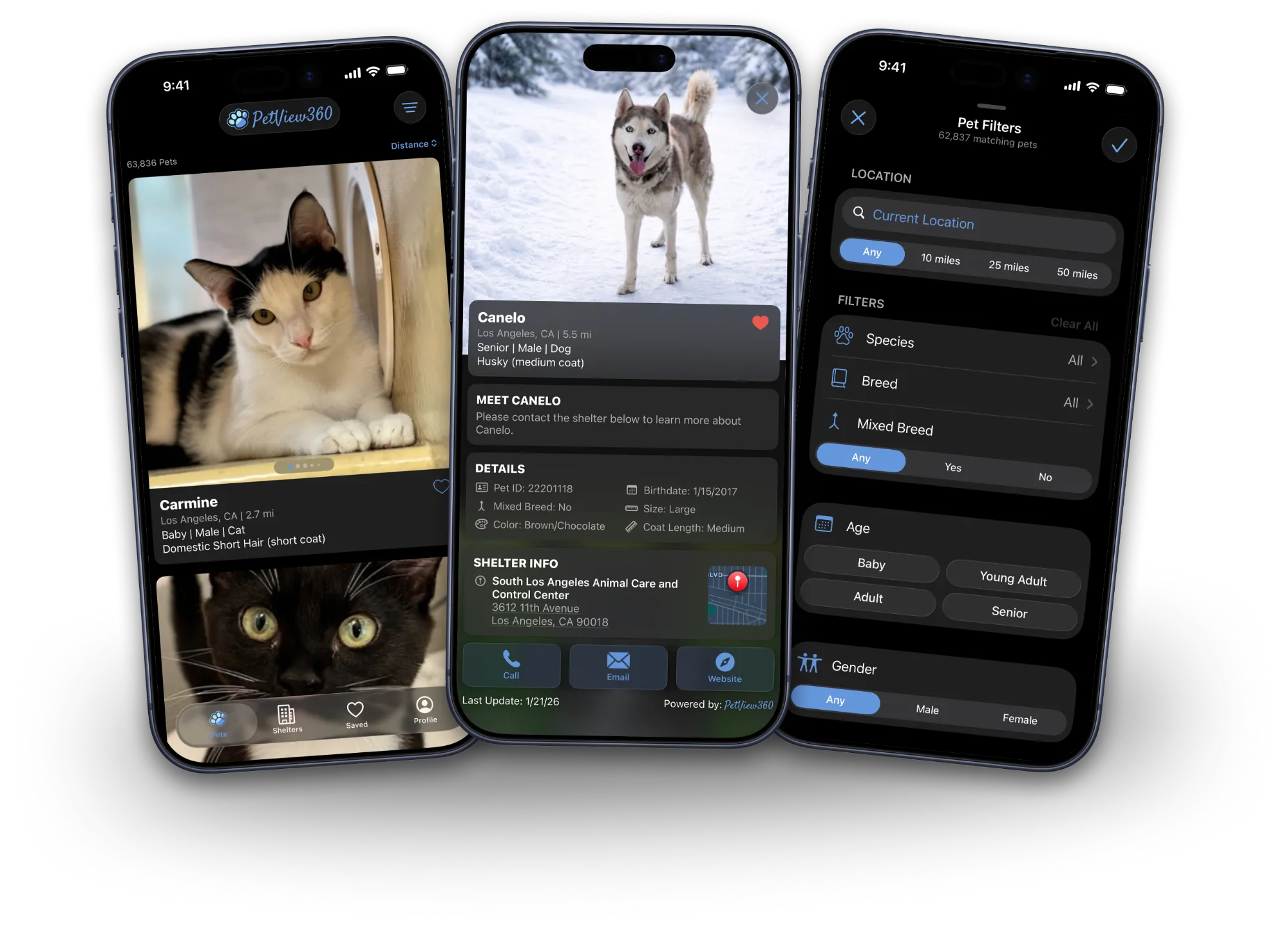 PetView360 on three iPhones: the pet list, a pet's page and the search filters