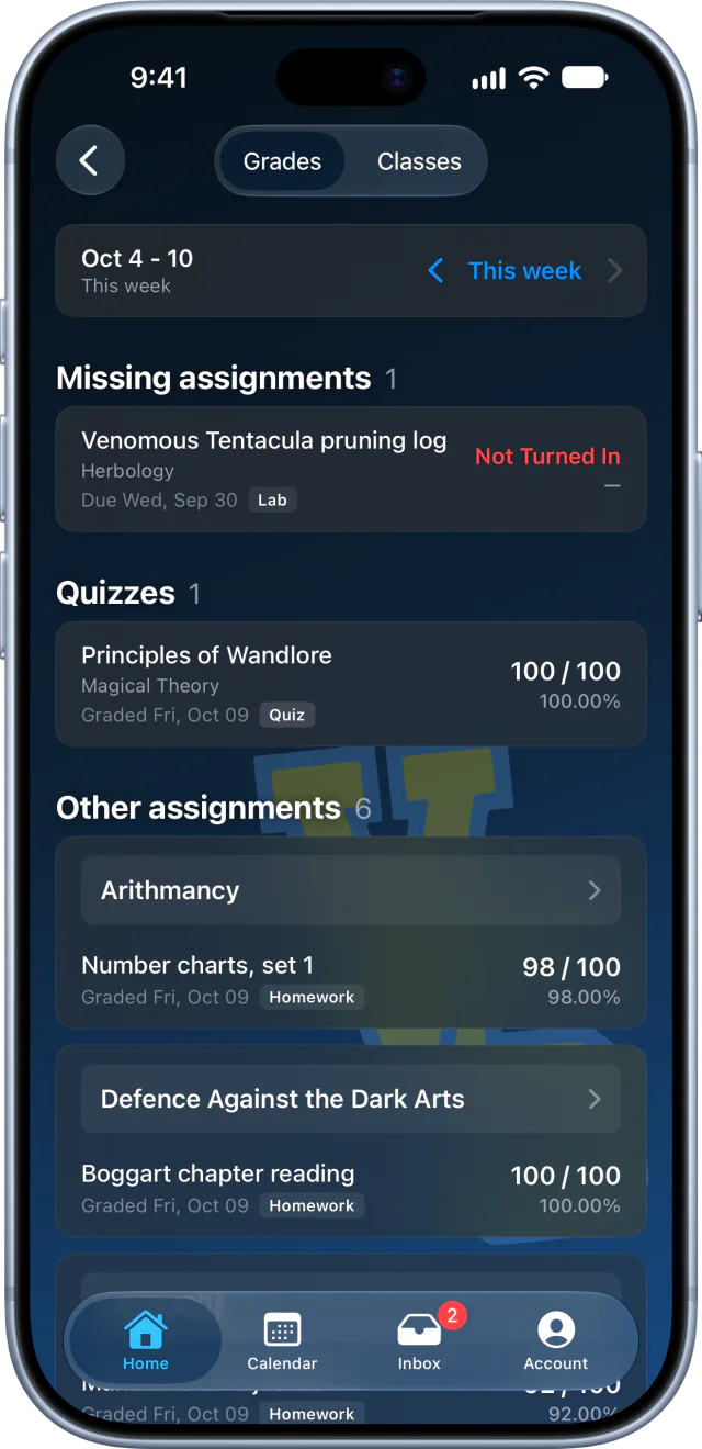 Valley School Parent Portal grades screen: the week's scores, with a missing assignment listed first