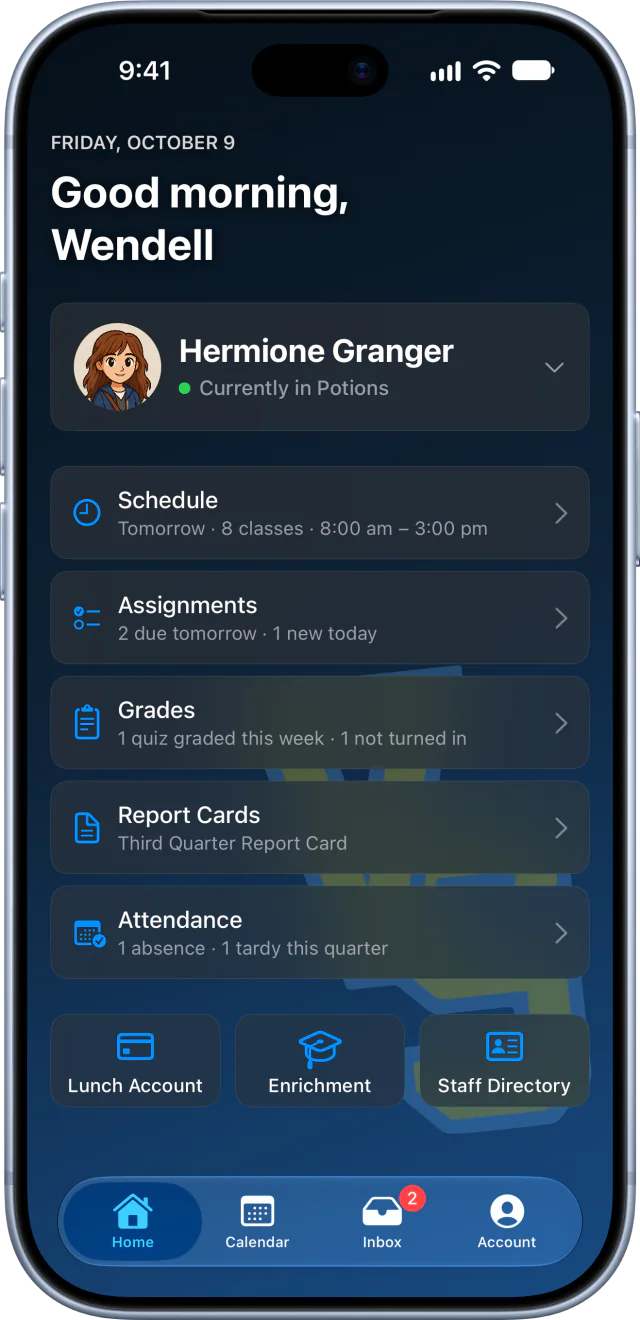 Valley School Parent Portal home screen: the class a student is in now, above summaries of schedule, assignments, grades, report cards and attendance